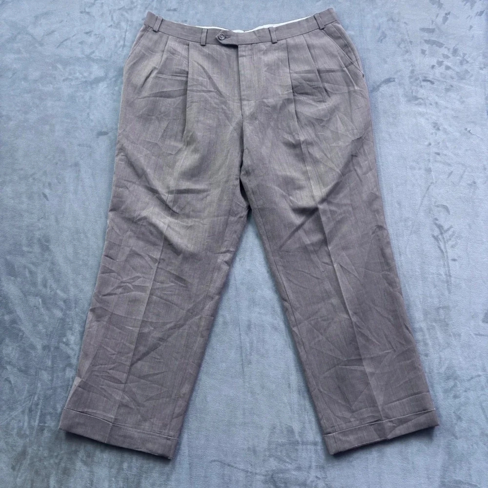 Lauren Ralph Lauren Mens Gray Herringbone Pleated Cuffed Dress Pants 39x28.5